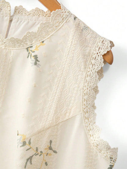 GlowEve CURVE Plus Size Women Summer Fashionable Elegant Embroidered Floral Round Neck Sleeveless Lace Patchwork Blouse