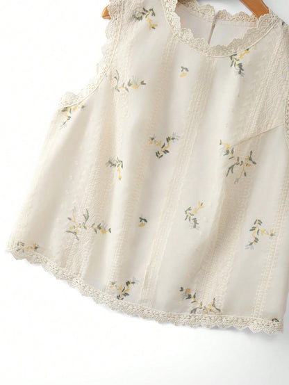 GlowEve CURVE Plus Size Women Summer Fashionable Elegant Embroidered Floral Round Neck Sleeveless Lace Patchwork Blouse