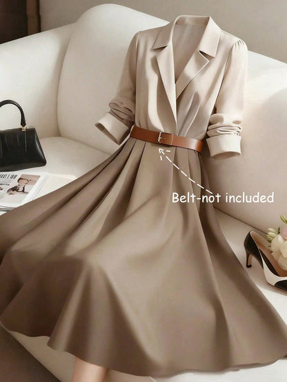 GlowEve Women's Beige Fall Winter Elegant Tea Party Color Block Patchwork Waist Cinched A-Line French Retro Long Sleeve Shirt Dress,Commute Business Holiday