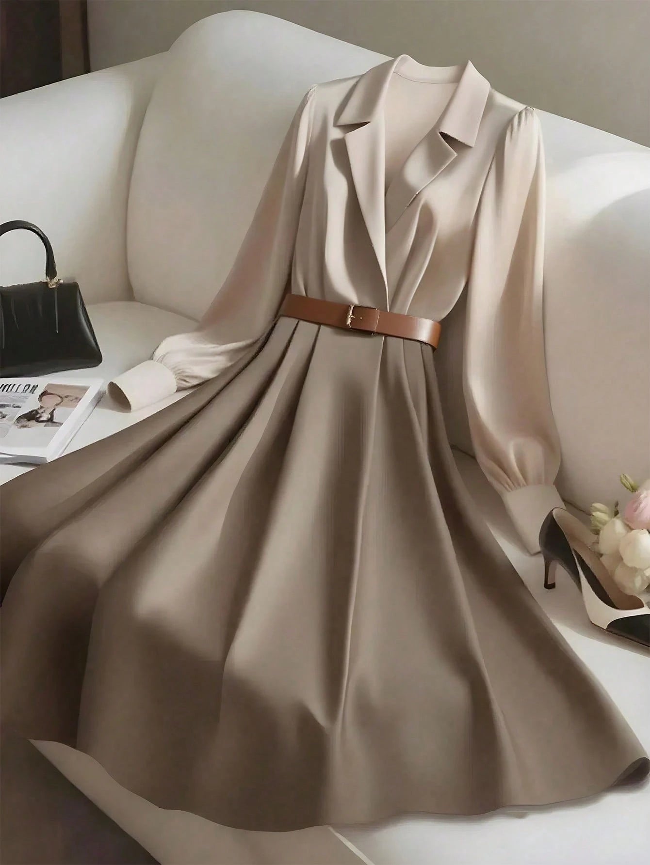 GlowEve Women's Beige Fall Winter Elegant Tea Party Color Block Patchwork Waist Cinched A-Line French Retro Long Sleeve Shirt Dress,Commute Business Holiday