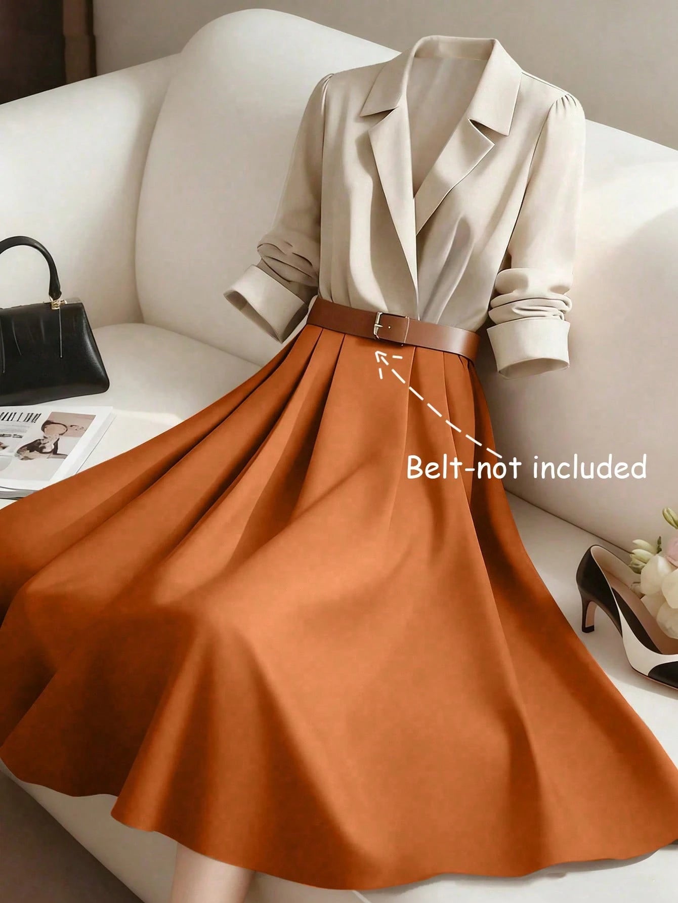 GlowEve Women's Beige Fall Winter Elegant Tea Party Color Block Patchwork Waist Cinched A-Line French Retro Long Sleeve Shirt Dress,Commute Business Holiday