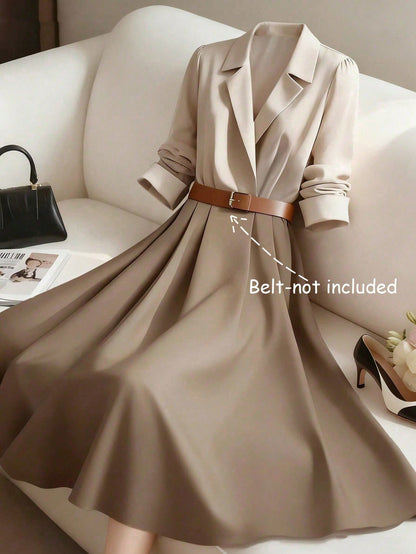 GlowEve Women's Beige Fall Winter Elegant Tea Party Color Block Patchwork Waist Cinched A-Line French Retro Long Sleeve Shirt Dress,Commute Business Holiday
