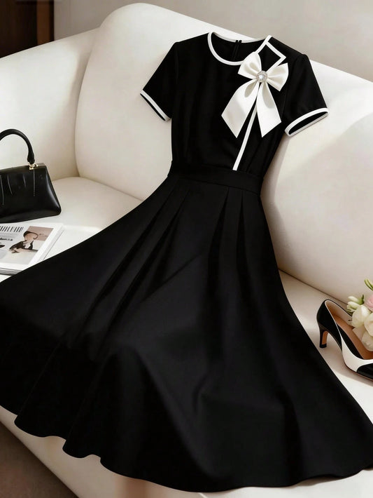 GlowEve Women's Bow Decor Contrast Trim A-Line Elegant Short Sleeve Midi Dress,French Retro Black And White Summer Tea Party Fashion Commute Vacation Dress
