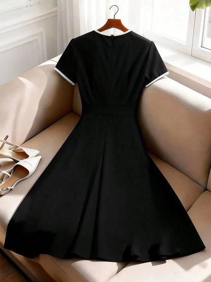 GlowEve Women's Bow Decor Contrast Trim A-Line Elegant Short Sleeve Midi Dress,French Retro Black And White Summer Tea Party Fashion Commute Vacation Dress