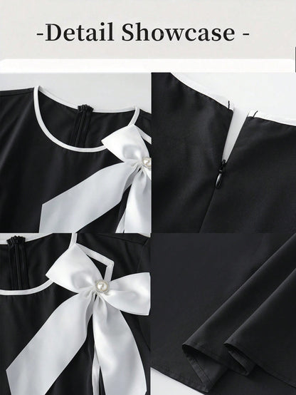 GlowEve Women's Bow Decor Contrast Trim A-Line Elegant Short Sleeve Midi Dress,French Retro Black And White Summer Tea Party Fashion Commute Vacation Dress