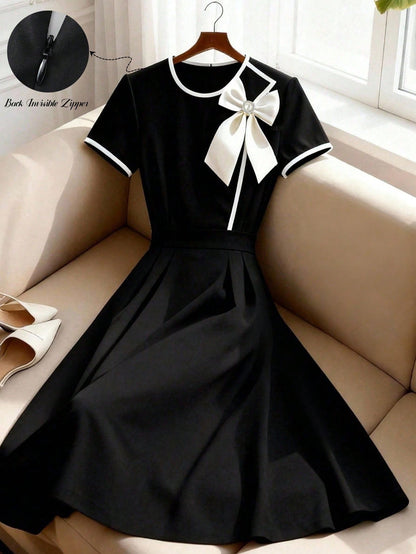 GlowEve Women's Bow Decor Contrast Trim A-Line Elegant Short Sleeve Midi Dress,French Retro Black And White Summer Tea Party Fashion Commute Vacation Dress