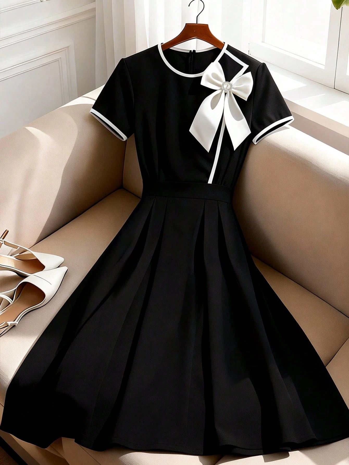 GlowEve Women's Bow Decor Contrast Trim A-Line Elegant Short Sleeve Midi Dress,French Retro Black And White Summer Tea Party Fashion Commute Vacation Dress