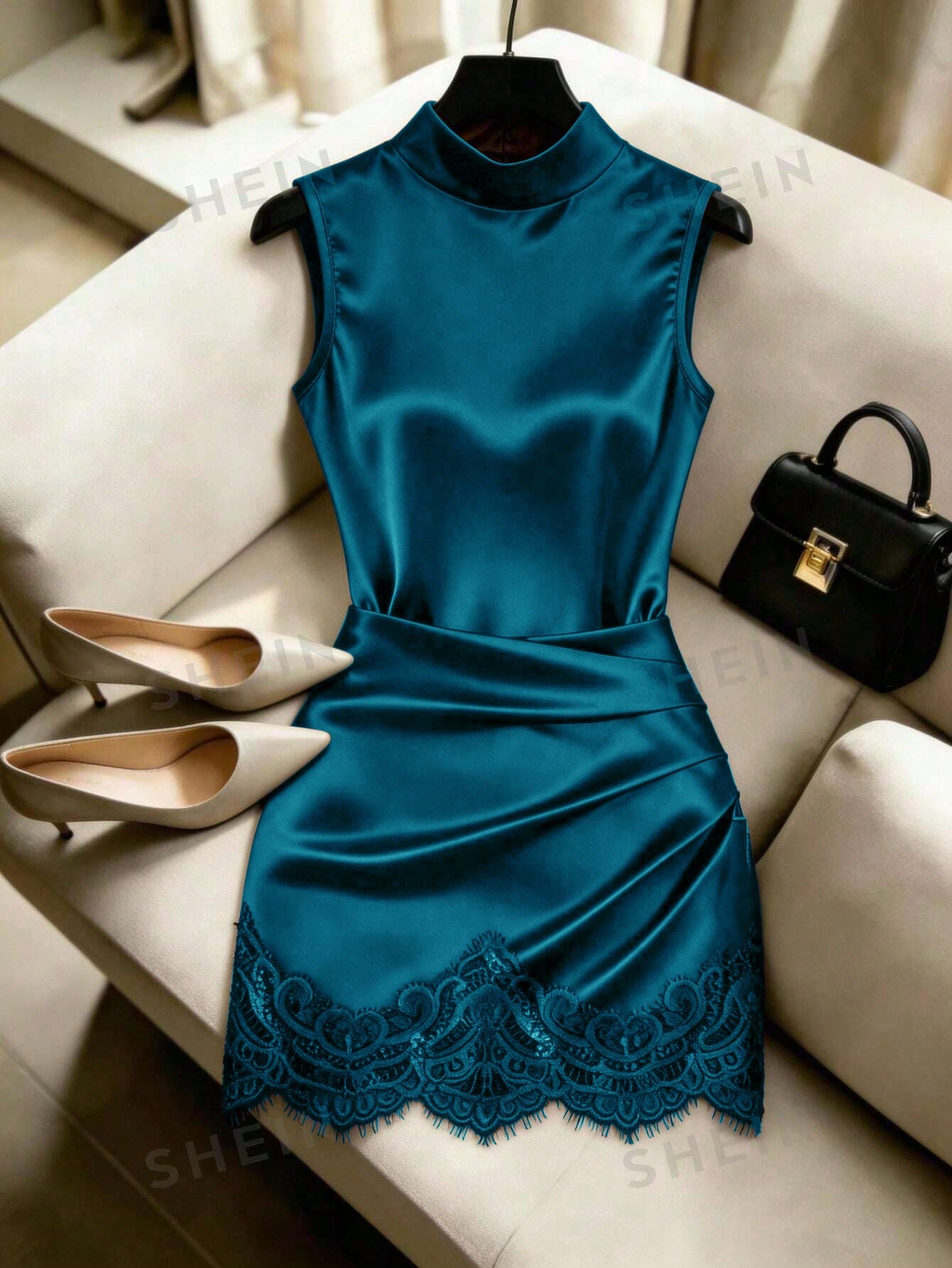 GlowEve Women's Elegant Summer Satin Teal Blue Dress,High Neck Sleeveless Pleated Waist Lace Trim Party Dress,Night Out Fashionable Resort Wear Outfit