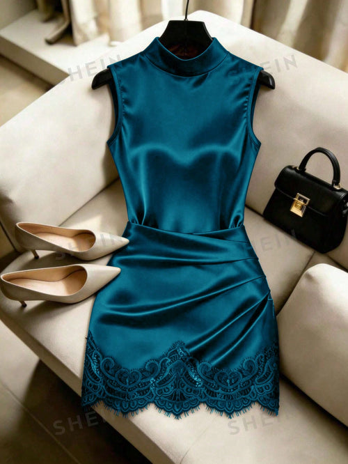 GlowEve Women's Elegant Summer Satin Teal Blue Dress,High Neck Sleeveless Pleated Waist Lace Trim Party Dress,Night Out Fashionable Resort Wear Outfit