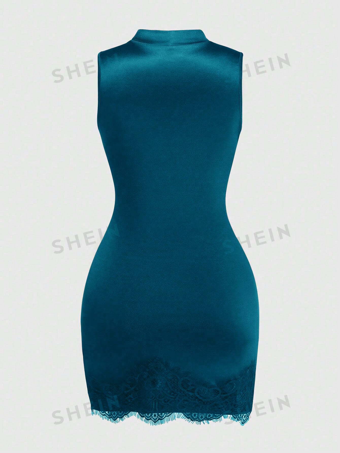 GlowEve Women's Elegant Summer Satin Teal Blue Dress,High Neck Sleeveless Pleated Waist Lace Trim Party Dress,Night Out Fashionable Resort Wear Outfit