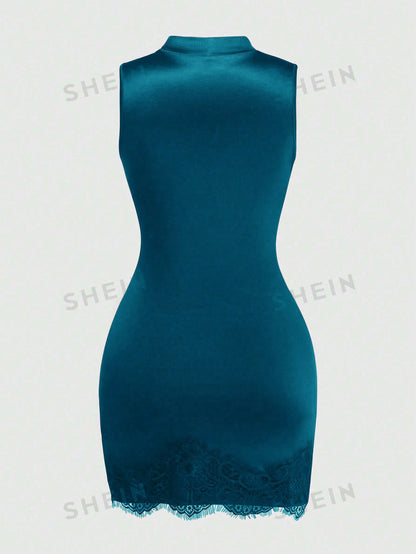 GlowEve Women's Elegant Summer Satin Teal Blue Dress,High Neck Sleeveless Pleated Waist Lace Trim Party Dress,Night Out Fashionable Resort Wear Outfit