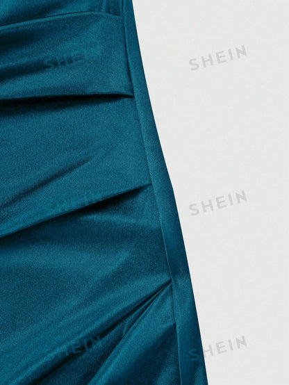 GlowEve Women's Elegant Summer Satin Teal Blue Dress,High Neck Sleeveless Pleated Waist Lace Trim Party Dress,Night Out Fashionable Resort Wear Outfit
