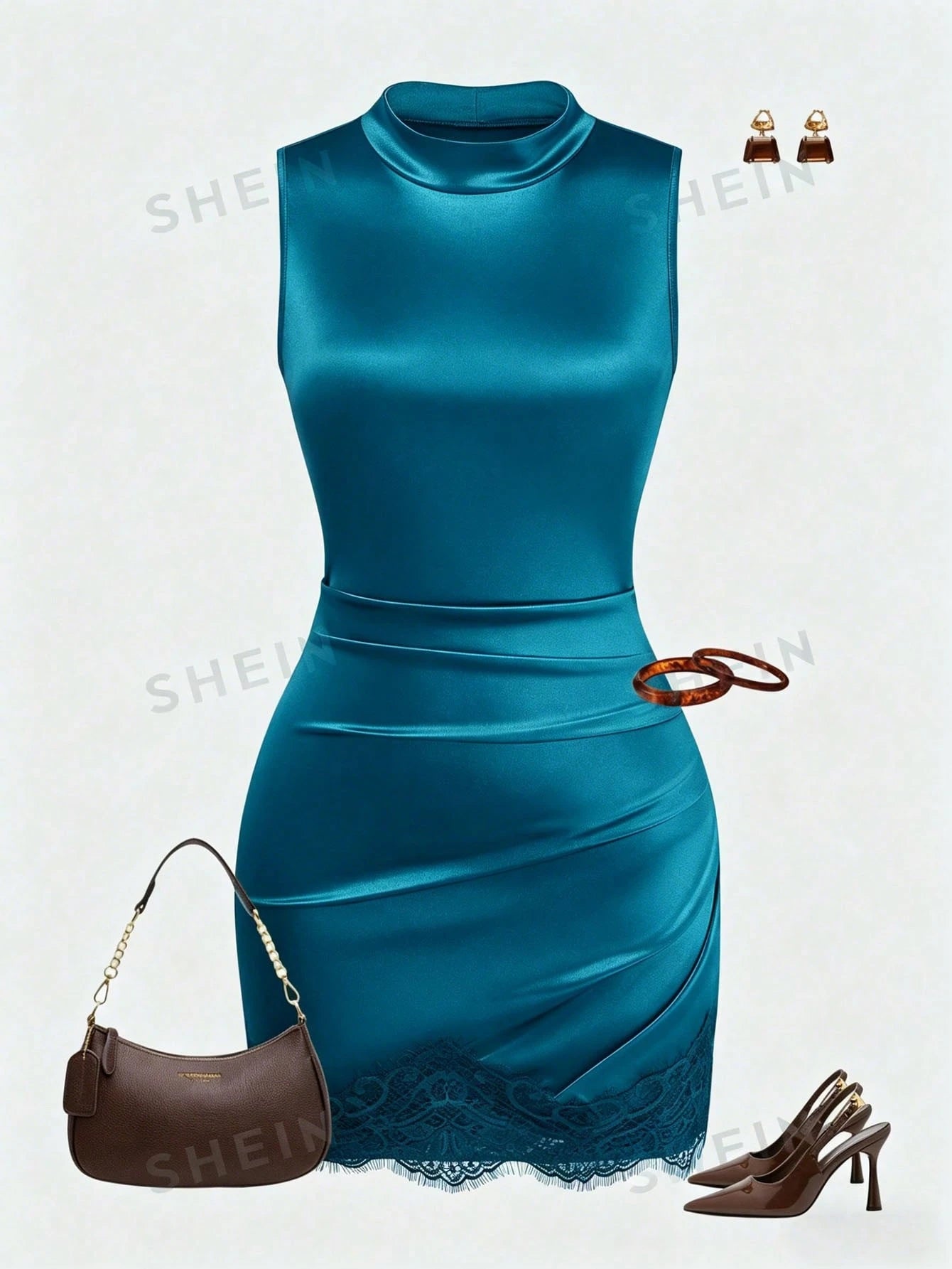 GlowEve Women's Elegant Summer Satin Teal Blue Dress,High Neck Sleeveless Pleated Waist Lace Trim Party Dress,Night Out Fashionable Resort Wear Outfit