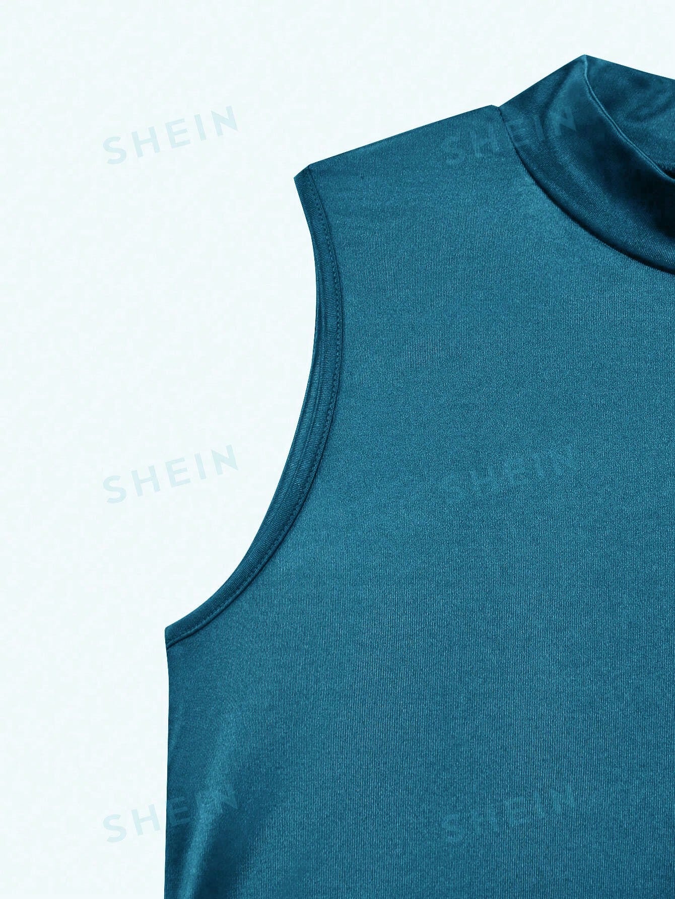 GlowEve Women's Elegant Summer Satin Teal Blue Dress,High Neck Sleeveless Pleated Waist Lace Trim Party Dress,Night Out Fashionable Resort Wear Outfit