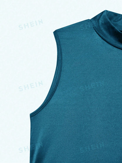 GlowEve Women's Elegant Summer Satin Teal Blue Dress,High Neck Sleeveless Pleated Waist Lace Trim Party Dress,Night Out Fashionable Resort Wear Outfit
