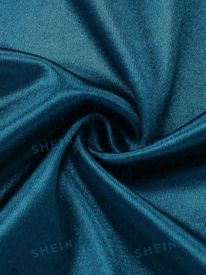 GlowEve Women's Elegant Summer Satin Teal Blue Dress,High Neck Sleeveless Pleated Waist Lace Trim Party Dress,Night Out Fashionable Resort Wear Outfit