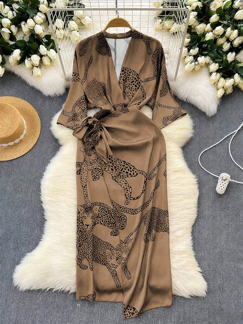 GlowEve Women's Elegant V-Neck Criss-Cross Tie Bow Leopard Animal Print Long Sleeve Midi Dress, Versatile For Commute, Vacation And All Seasons