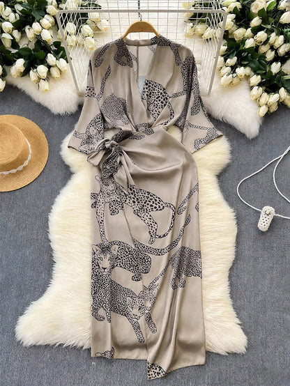 GlowEve Women's Elegant V-Neck Criss-Cross Tie Bow Leopard Animal Print Long Sleeve Midi Dress, Versatile For Commute, Vacation And All Seasons