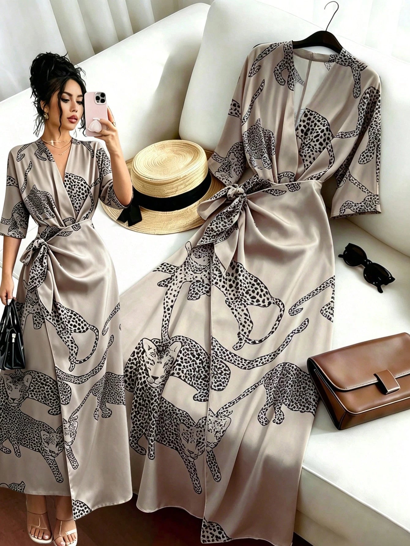 GlowEve Women's Elegant V-Neck Criss-Cross Tie Bow Leopard Animal Print Long Sleeve Midi Dress, Versatile For Commute, Vacation And All Seasons