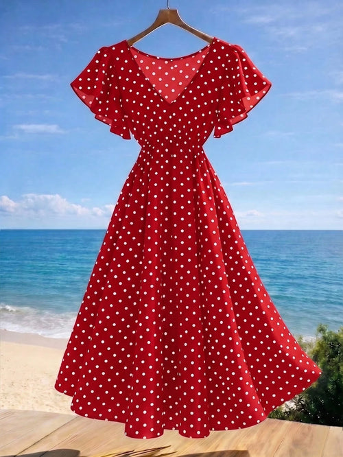 GlowEve Women's V-Neck Short Sleeve Waist-Cinching Polka Dot Midi Dress For Beach Vacation
