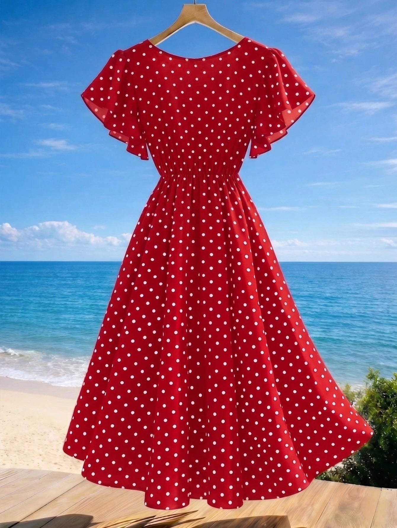 GlowEve Women's V-Neck Short Sleeve Waist-Cinching Polka Dot Midi Dress For Beach Vacation