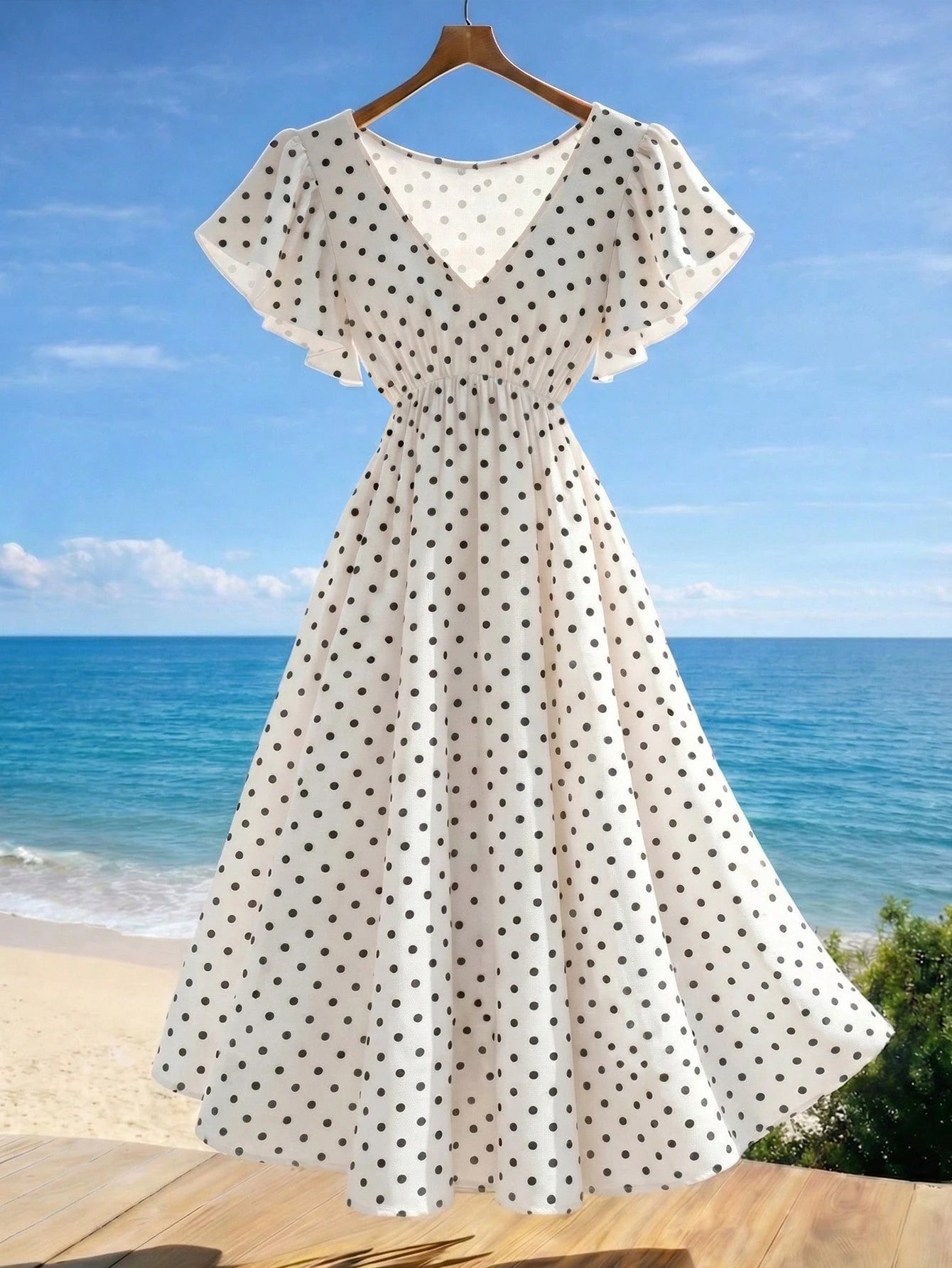 GlowEve Women's V-Neck Short Sleeve Waist-Cinching Polka Dot Midi Dress For Beach Vacation