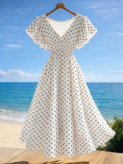 GlowEve Women's V-Neck Short Sleeve Waist-Cinching Polka Dot Midi Dress For Beach Vacation