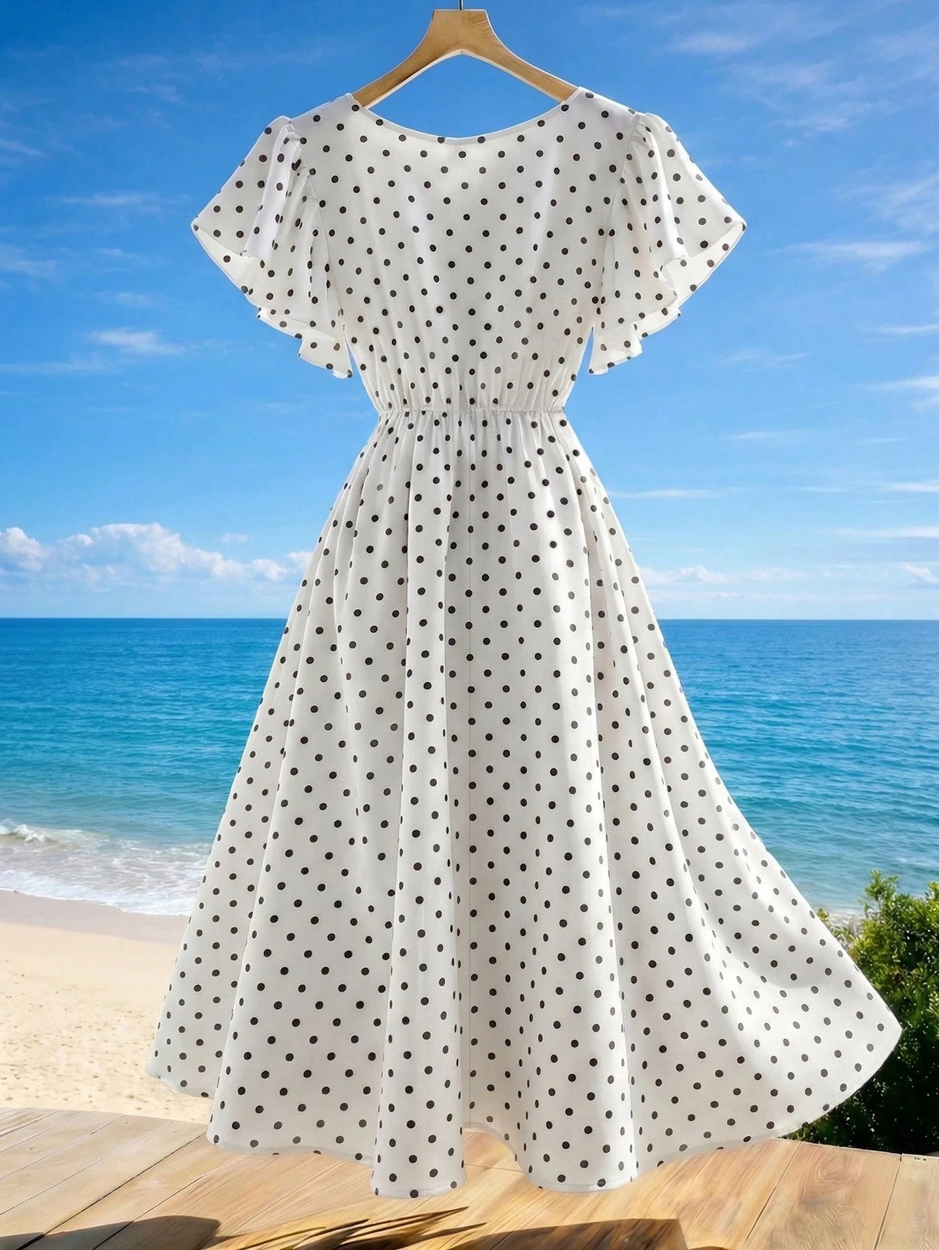 GlowEve Women's V-Neck Short Sleeve Waist-Cinching Polka Dot Midi Dress For Beach Vacation
