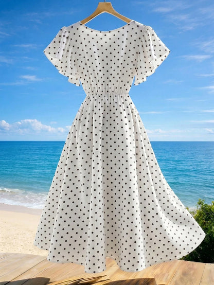 GlowEve Women's V-Neck Short Sleeve Waist-Cinching Polka Dot Midi Dress For Beach Vacation