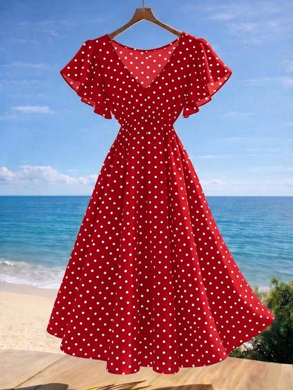 GlowEve Women's V-Neck Short Sleeve Waist-Cinching Polka Dot Midi Dress For Beach Vacation