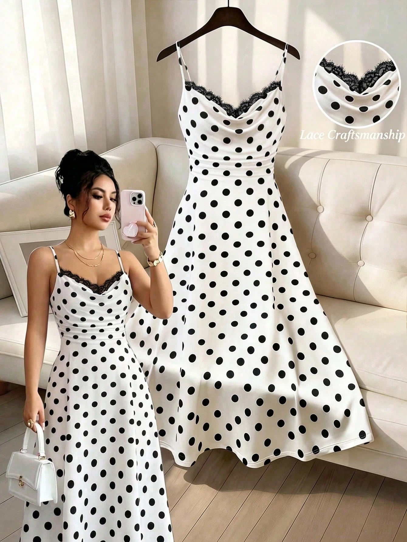 GlowEve Women's White With Black Polka Dots Summer Elegant Tea Party Dress,Lace Patchwork Ruffled Sleeveless Spaghetti Strap Fitted Midi Retro Fashion Dress