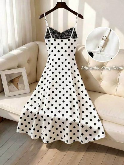 GlowEve Women's White With Black Polka Dots Summer Elegant Tea Party Dress,Lace Patchwork Ruffled Sleeveless Spaghetti Strap Fitted Midi Retro Fashion Dress