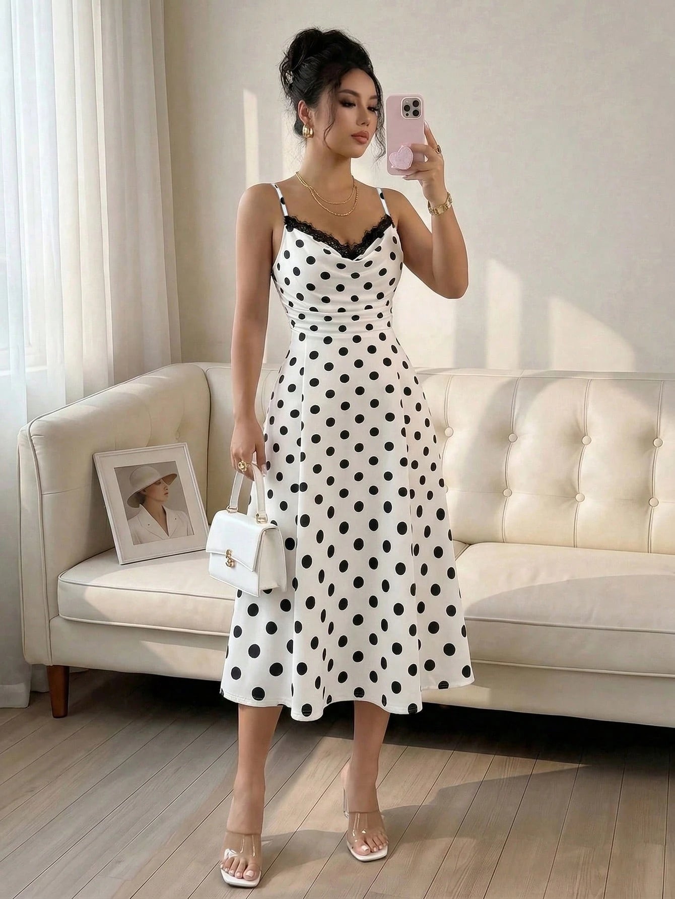GlowEve Women's White With Black Polka Dots Summer Elegant Tea Party Dress,Lace Patchwork Ruffled Sleeveless Spaghetti Strap Fitted Midi Retro Fashion Dress