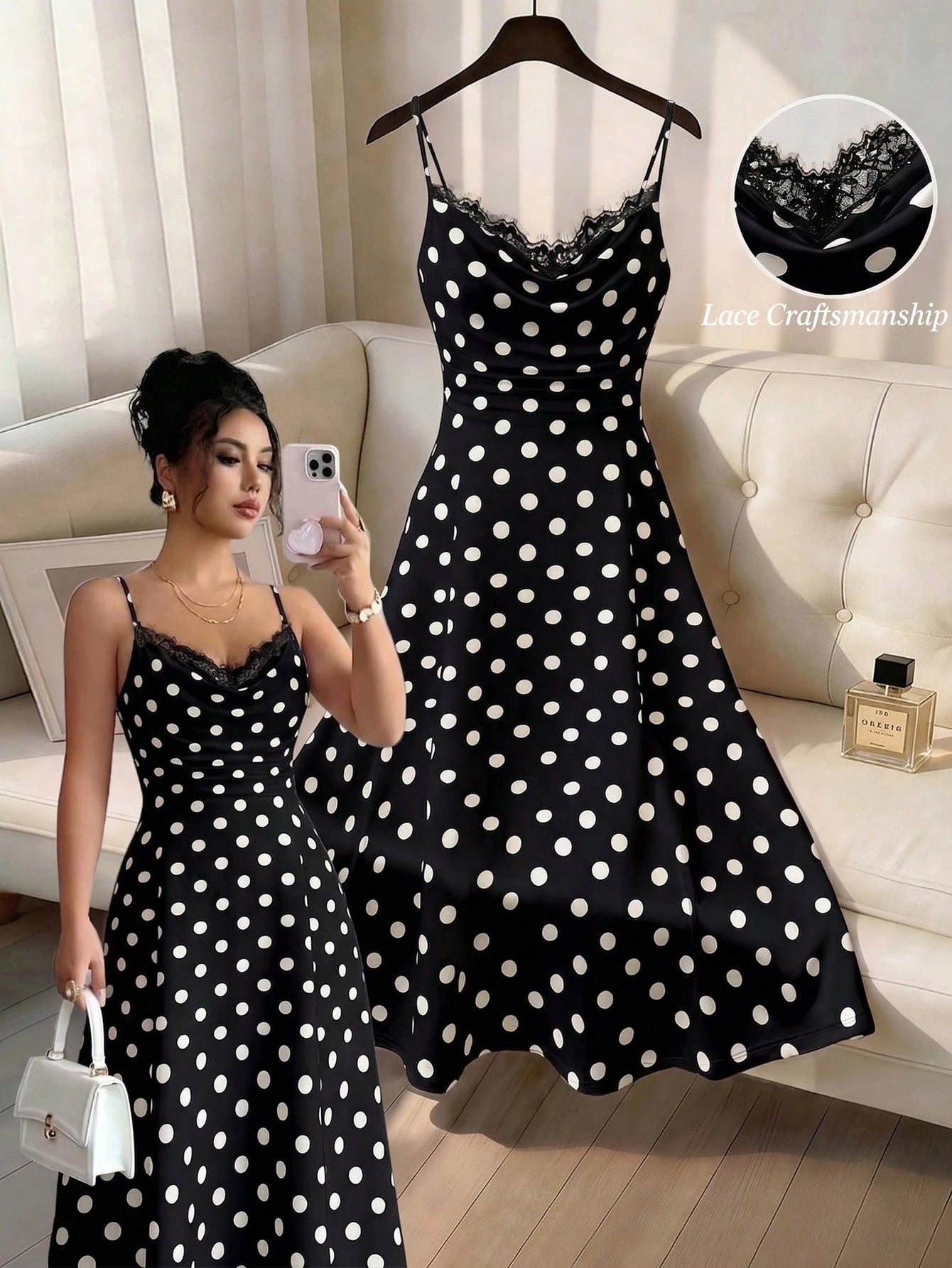 GlowEve Women's White With Black Polka Dots Summer Elegant Tea Party Dress,Lace Patchwork Ruffled Sleeveless Spaghetti Strap Fitted Midi Retro Fashion Dress