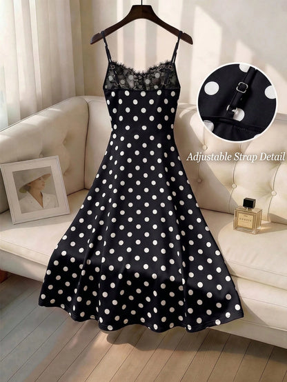 GlowEve Women's White With Black Polka Dots Summer Elegant Tea Party Dress,Lace Patchwork Ruffled Sleeveless Spaghetti Strap Fitted Midi Retro Fashion Dress