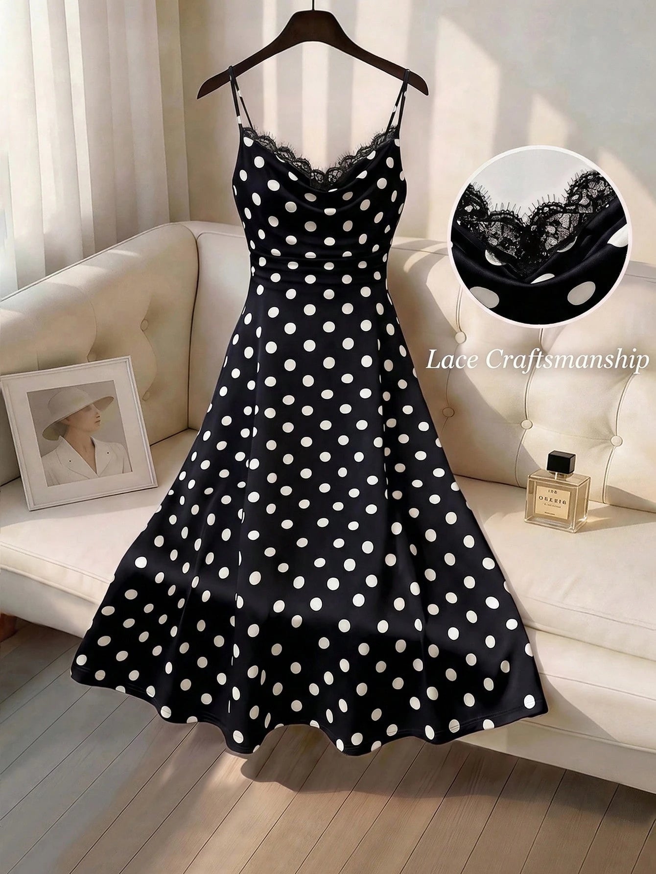 GlowEve Women's White With Black Polka Dots Summer Elegant Tea Party Dress,Lace Patchwork Ruffled Sleeveless Spaghetti Strap Fitted Midi Retro Fashion Dress