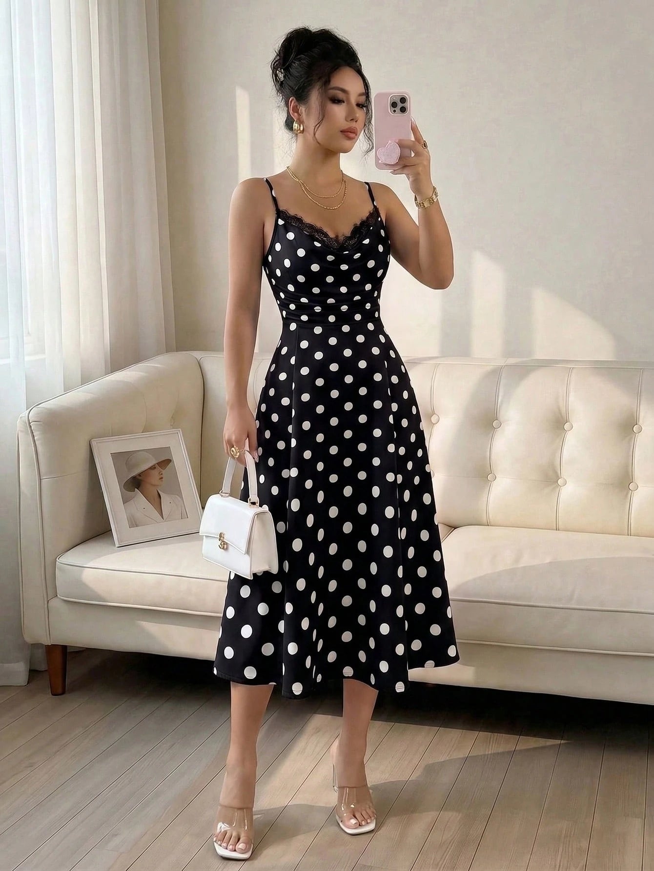 GlowEve Women's White With Black Polka Dots Summer Elegant Tea Party Dress,Lace Patchwork Ruffled Sleeveless Spaghetti Strap Fitted Midi Retro Fashion Dress