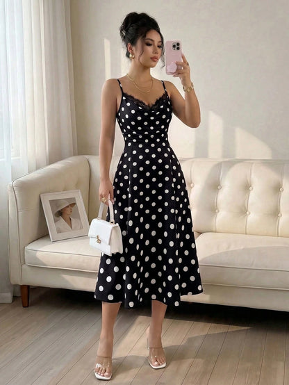 GlowEve Women's White With Black Polka Dots Summer Elegant Tea Party Dress,Lace Patchwork Ruffled Sleeveless Spaghetti Strap Fitted Midi Retro Fashion Dress