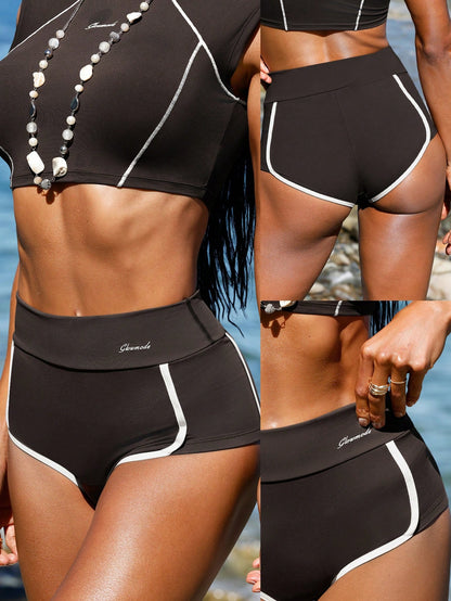 GLOWMODE Chlorine-Resistant Make A Splash High-Waisted Sun-Protective Stretchy Quick-Dry Colorblock Bikini Bottoms Swimming Beach Pool Summer