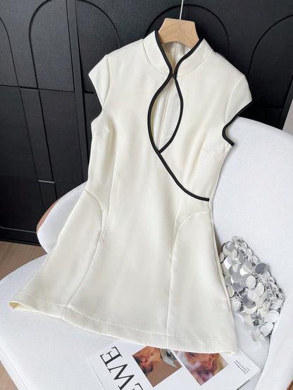 GMFP Women's Spring/Summer Casual Elegant Fashion Solid Color Woven Fabric Contrast Trim Dress For Daily Wear, Independence Day, Vacation Season, Back To School, World Cup