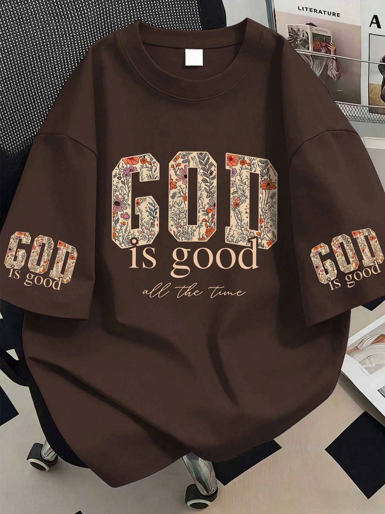 God Is Always Good Floral Print Round Neck T-Shirt, Plus Size Women's Summer Casual Top, Short Sleeve With Cuff Print Brown