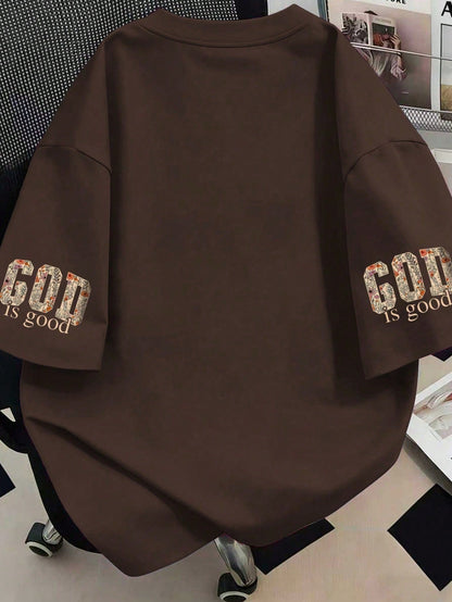 God Is Always Good Floral Print Round Neck T-Shirt, Plus Size Women's Summer Casual Top, Short Sleeve With Cuff Print Brown