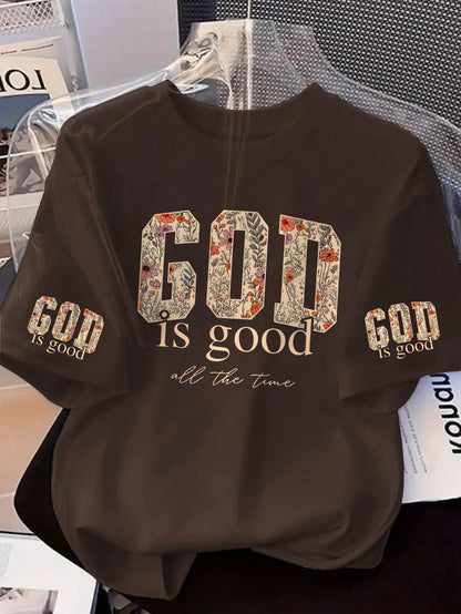 God Is Always Good Floral Print Round Neck T-Shirt, Plus Size Women's Summer Casual Top, Short Sleeve With Cuff Print Brown