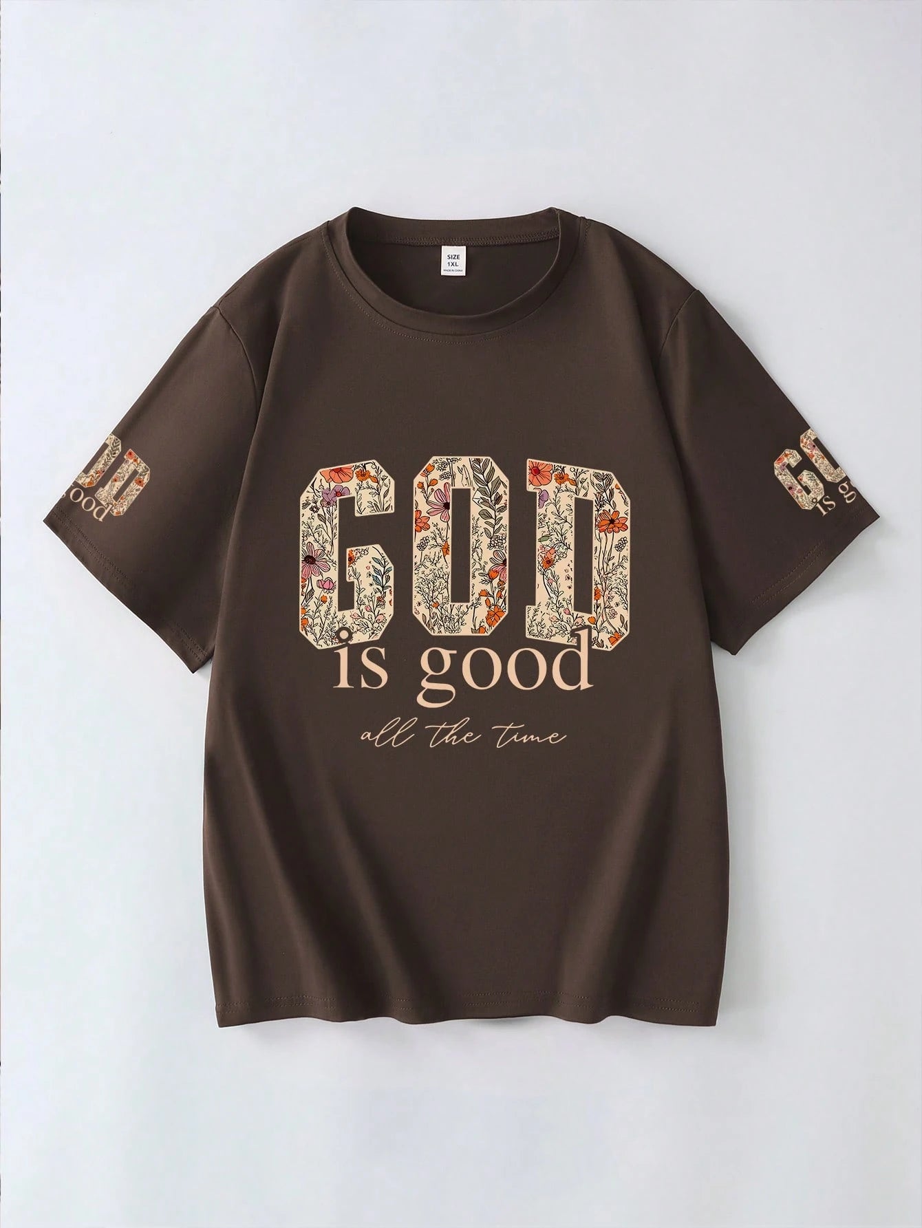 God Is Always Good Floral Print Round Neck T-Shirt, Plus Size Women's Summer Casual Top, Short Sleeve With Cuff Print Brown