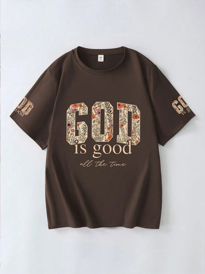 God Is Always Good Floral Print Round Neck T-Shirt, Plus Size Women's Summer Casual Top, Short Sleeve With Cuff Print Brown