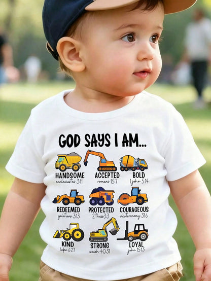 God Says I Am "Construction Vehicle Christian Children's T-Shirt, Bible Scripture Construction Truck Preschool White Short Sleeved Top, Local Shipping