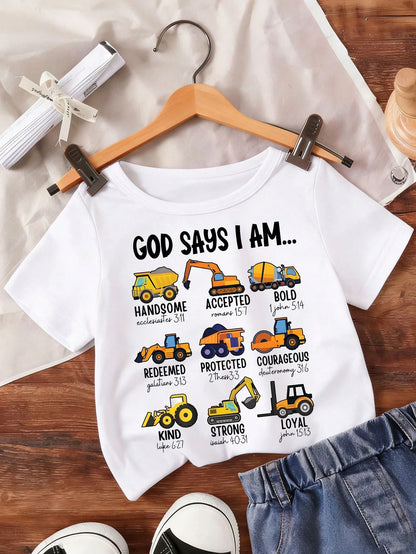 God Says I Am "Construction Vehicle Christian Children's T-Shirt, Bible Scripture Construction Truck Preschool White Short Sleeved Top, Local Shipping