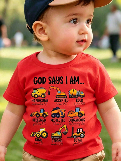 God Says I Am "Construction Vehicle Christian Children's T-Shirt, Bible Scripture Construction Truck Preschool White Short Sleeved Top, Local Shipping