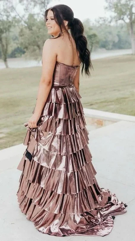 Gold A-Line Metallic Empire-Waist Party Dresses, Sweetheart Ruffle Tiered Long Prom Dress,AST2192