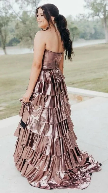 Gold A-Line Metallic Empire-Waist Party Dresses, Sweetheart Ruffle Tiered Long Prom Dress,AST2192